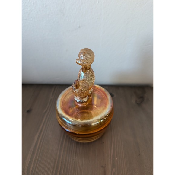 Vintage Jeannette Glass Marigold Iridescent Glass Poodle Trinket Box Candy Dish - Picture 4 of 9
